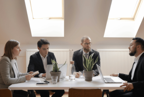 Zespół inżynierów jakości podczas spotkania biznesowego prowadzi negocjacje z klientem. Uczestnicy siedzą przy stole i dyskutują, używając zwrotów i technik negocjacyjnych w języku angielskim.