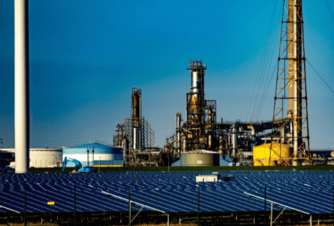 Transformacja energetyczna – turbina wiatrowa i farma fotowoltaiczna na tle rafinerii, symbolizujące przejście od paliw kopalnych do OZE.