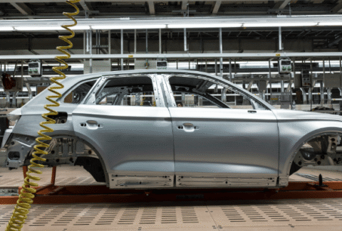 Karoseria samochodu na etapie Body in White (BIW) na linii montażowej w fabryce motoryzacyjnej.