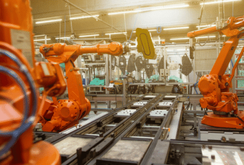 Pomarańczowe roboty na nowoczesnej hali produkcyjnej, obrazujące zaawansowane maszyny, którymi zajmuje się dział utrzymania ruchu.